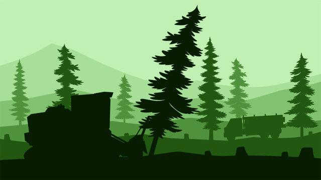 Landscape silhouette of illegal logging in a pine forest. Panoramic view of deforestation with bulldozer and forestry truck. Vector illustration of coniferous forest with illegal tree cutting activity
