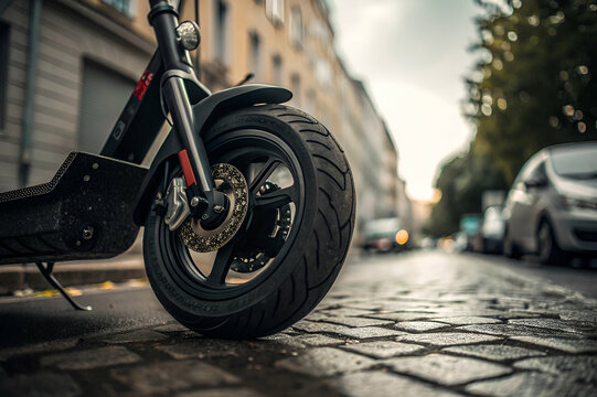 A close-up view of an electric scooter's tire on a cobblestone street, with urban buildings and a cloudy sky in the background.