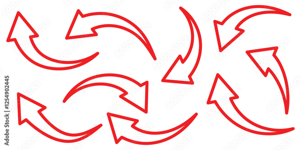 Poster set of curved arrow liner stockers. red curve arrow icon. flat style. arrow icon for your web site d