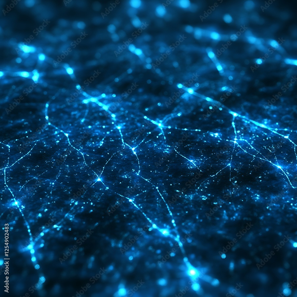 Poster abstract neural network of interconnected nodes with vibrant blue glow in dark technological space