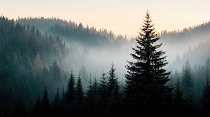 Fototapeta premium Misty mountain sunrise, coniferous forest, tranquil landscape, nature wallpaper