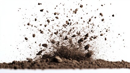 exploding soil particles, dynamic earth scatter, brown dust cloud, pure white background, high speed photography, organic matter explosion, dramatic dirt splash, macro detail