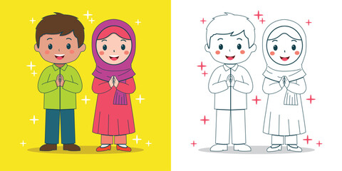 a Muslim boy and girl greeting illustration for design element or coloring book element