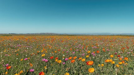 Fototapeta premium Vibrant flowers blooming in a field under a clear summer sky