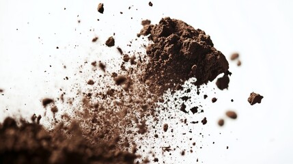 airborne soil photography, floating dirt particles, earthy powder burst, clean white backdrop, natural texture study, action still life, environmental photography