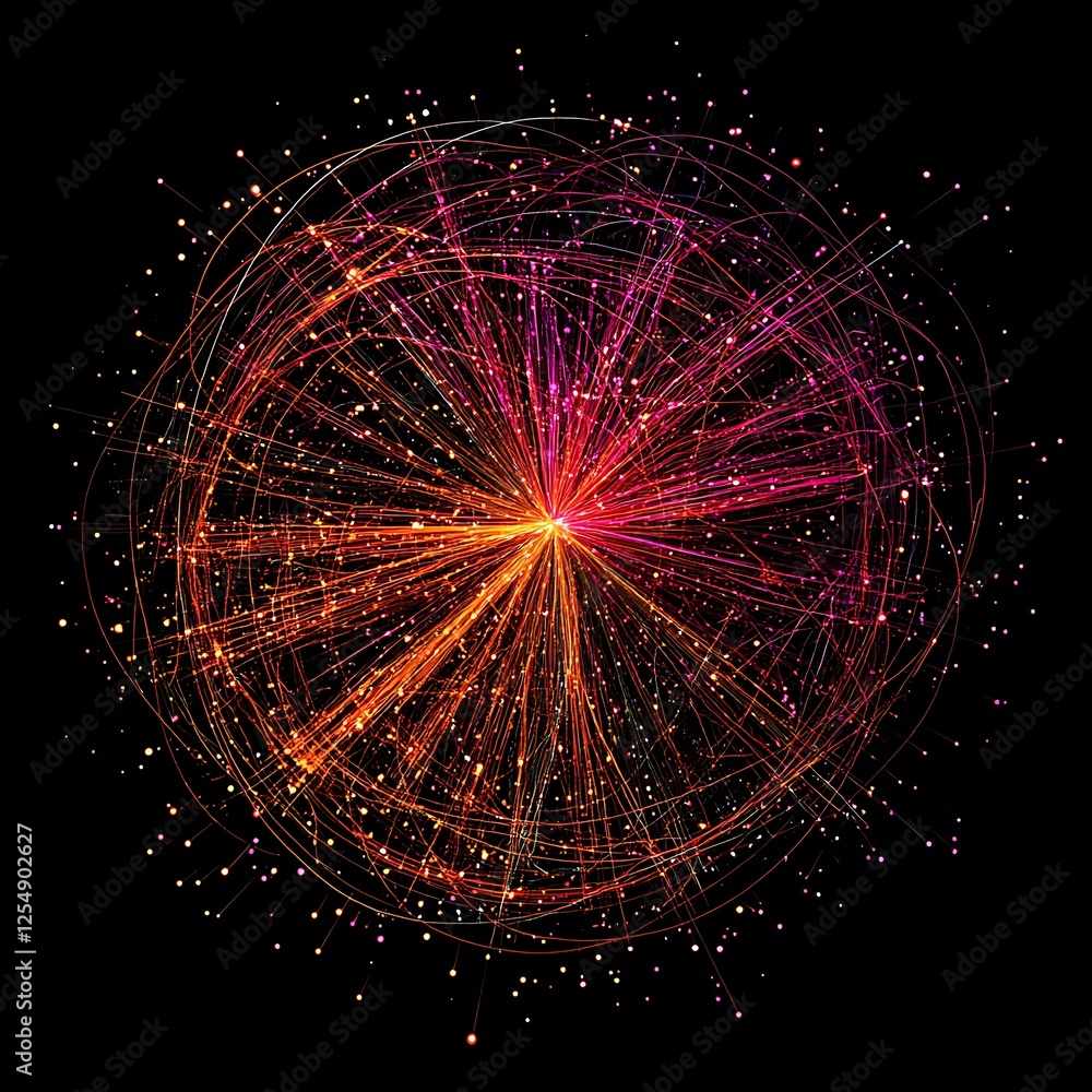 Poster abstract particle collision visualisation on black backdrop sparking energy light and trajectory tra