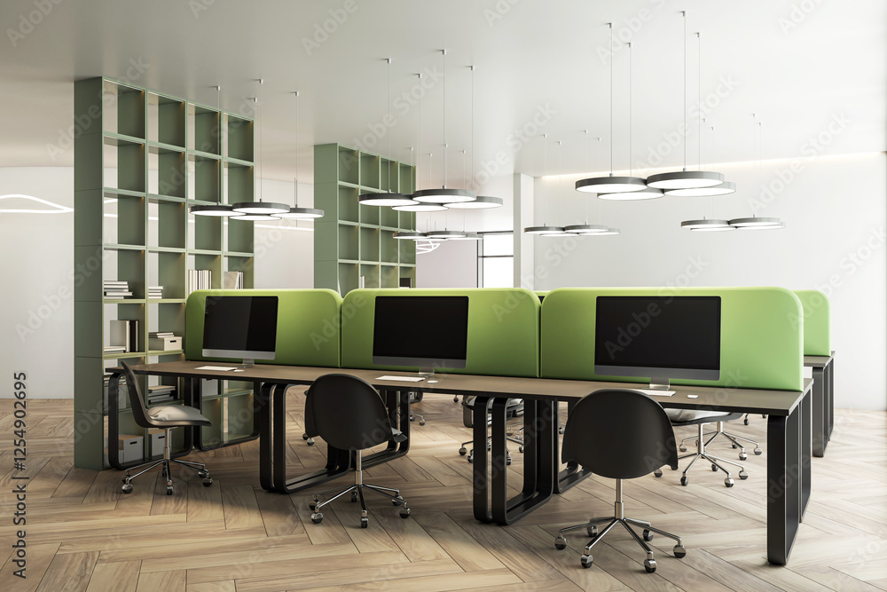 Aufkleber modern office interior with shared workspace and green partitions. 3d rendering