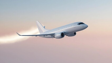 Obraz premium White minimalist airplane flying through soft pastel gradient sky of blue and pink, leaving a faint glowing contrail symbolizing freedom and adventure 