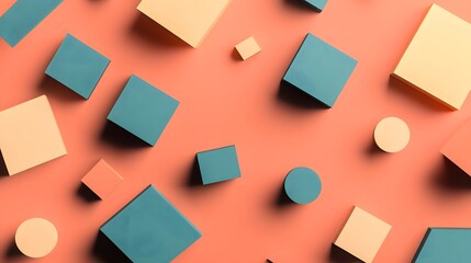Assorted geometric shapes are scattered across a vibrant peach background