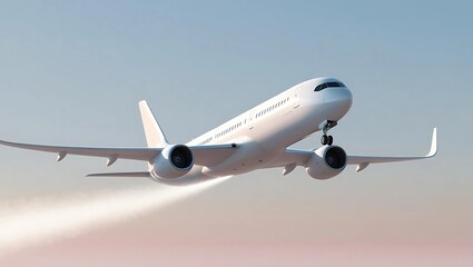 Obraz premium White minimalist airplane flying through soft pastel gradient sky of blue and pink, leaving a faint glowing contrail symbolizing freedom and adventure 
