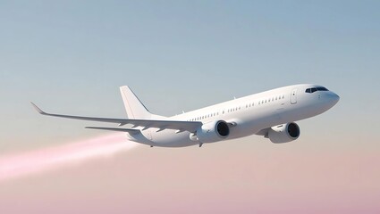 Obraz premium White minimalist airplane flying through soft pastel gradient sky of blue and pink, leaving a faint glowing contrail symbolizing freedom and adventure 