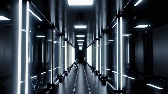 Architectural photography capturing a symmetrical corporate hallway with dramatic lighting, sleek metallic surfaces, and infinite perspective. Shot with wide-angle lens creating strong leading lines. 