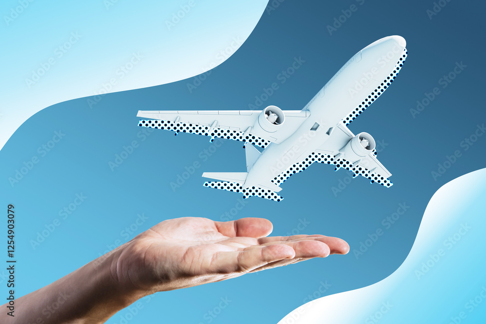 Poster plane emerging from hand with blue gradient background, symbolizing innovation and technology in avi