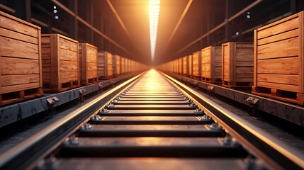 A perspective view of a railway track lined with wooden crates, illuminated by a bright light in the distance, creating a sense of depth and industrial atmosphere.