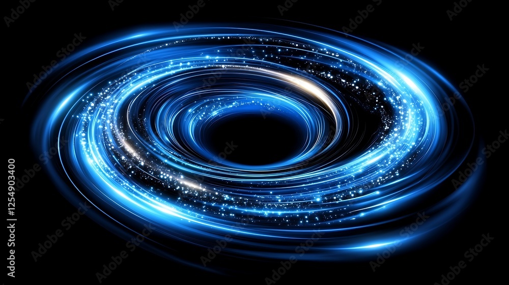 Poster abstract vortex of blue light in the dark depth of space with glowing particle trails