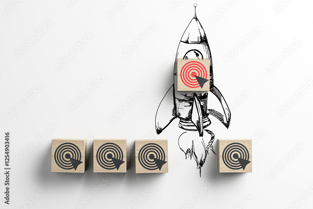Poster wooden cubes with target icons forming a rocket illustration on white background. 3d rendering