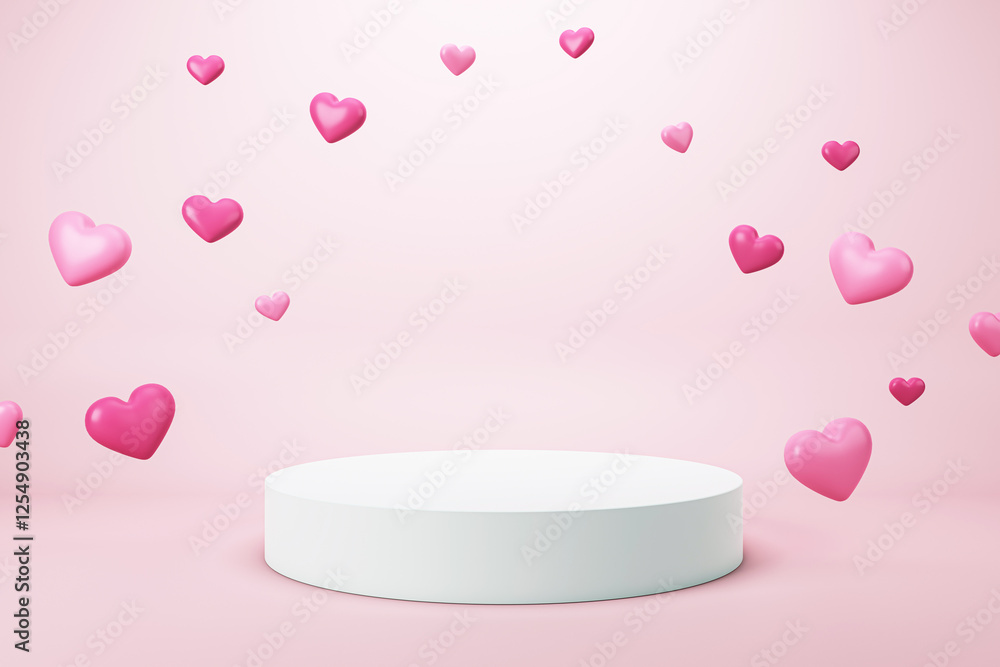 Poster valentines day podium with floating pink hearts on light pink background. 3d rendering