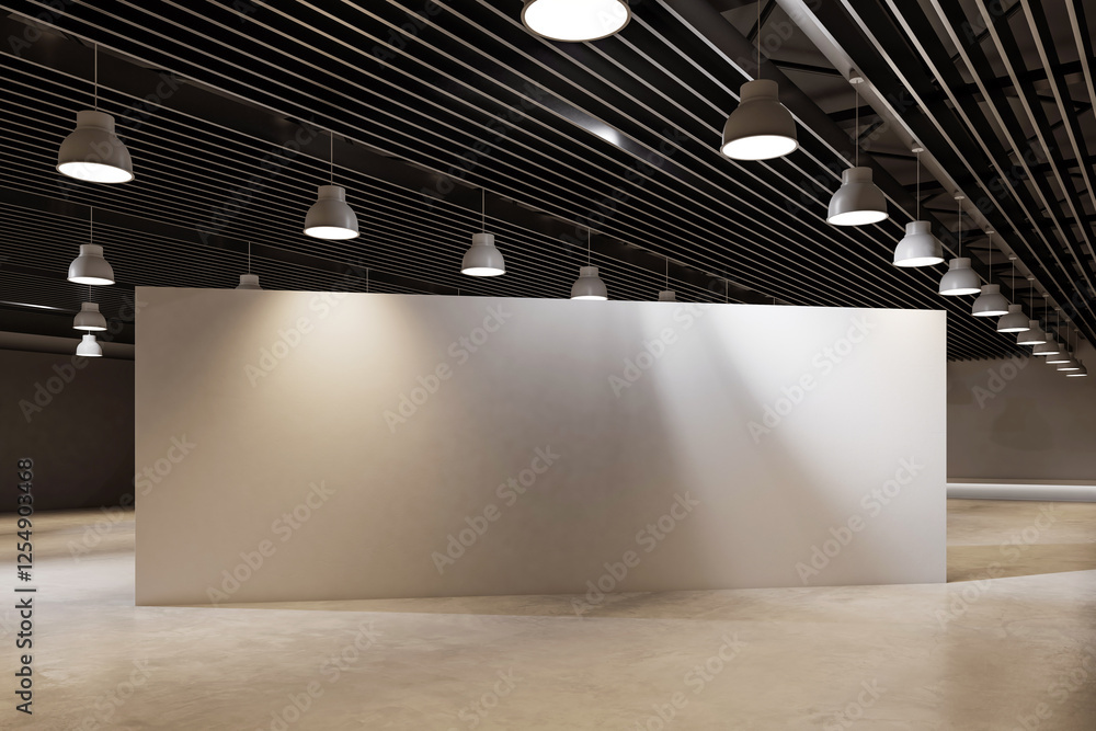 Poster blank exhibition stand in modern gallery space with concrete floor and ceiling lights. 3d rendering