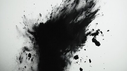explosive black powder scatter, suspended dark particles, dynamic motion blur, clean white environment, contemporary minimal style, abstract powder photography, frozen motion capture, studio lighting