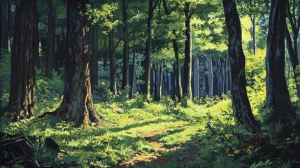 Fototapeta premium Vibrant forest in summer with a variety of tree species and dappled light