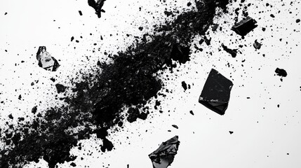 levitating dark powder fragments, dramatic particle dispersion, floating black debris, pristine white setting, high-speed capture, abstract motion art, monochromatic palette, professional studio shot