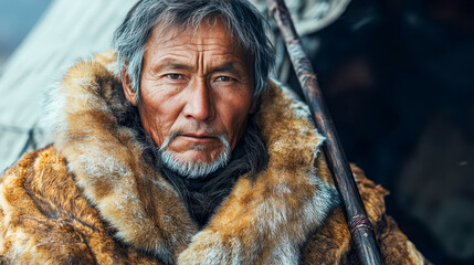 A stern Buryat man in a fur coat and with a wooden staff on his shoulder