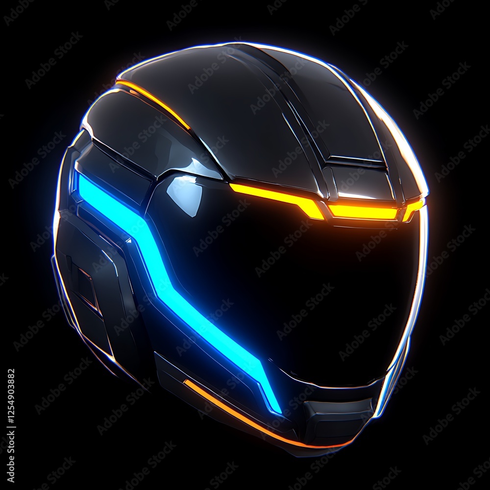 Poster advanced tech helmet design with luminescent accents on a black background an innovation showcase
