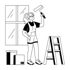 A character painting wall with paintbrush, glyph style illustration 

