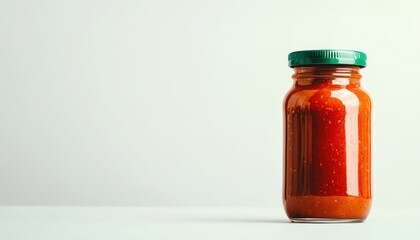 A sleek glass jar containing flavorful tomato sauce, topped with a green lid, perfect for branding, advertising, or recipe visuals on a white canvas