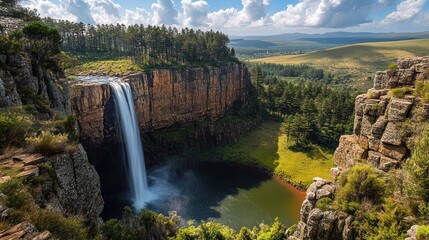 Majestic waterfall cascading down cliffs, lush valley, sunny day, nature landscape, travel photography