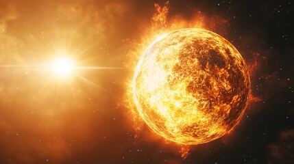 Obraz premium Fiery Cosmic Dance A Celestial Body Radiates Intense Heat and Light in the Vast Expanse