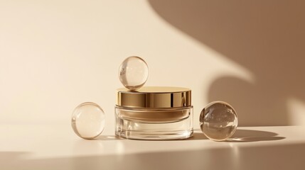 Premium beauty product display, floating glass orbs, metallic gold compact, minimalist luxury setup, monochromatic beige background, professional product photography, elegant reflections, soft shadows