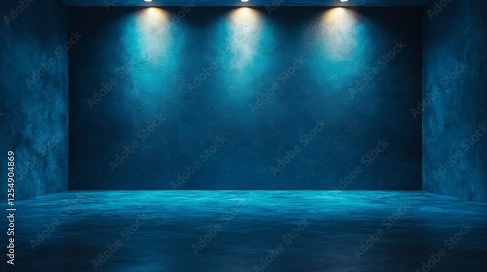 Poster a modern interior space showcases deep blue walls illuminated by three ceiling lights, creating a tr