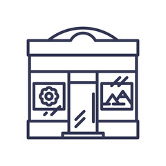 Line art of a gallery facade with framed art, symbolizing cultural spaces.