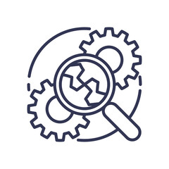 Magnifying glass over gears symbolizes detailed examination and analysis.