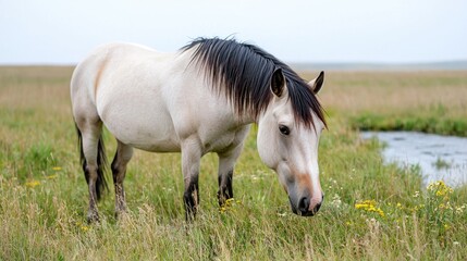 Obraz premium Pale horse grazing in meadow by small stream
