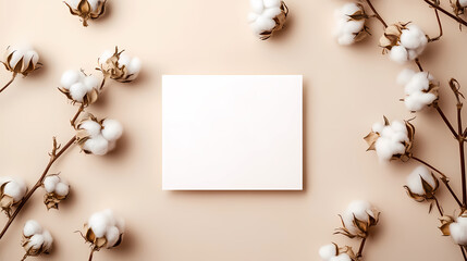 White Paper on Beige Table with Cotton Flowers