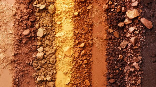 Premium cosmetic powder pattern, vertical makeup swatches, terracotta to golden gradient, crushed mineral textures, high-end beauty photography, detailed pigment particles, warm neutral palette