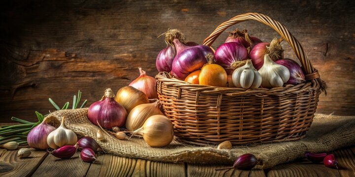 Rustic Still Life of Garlic, French Echalion Shallots, and Onions in Wicker Basket on Hessian Cloth Background