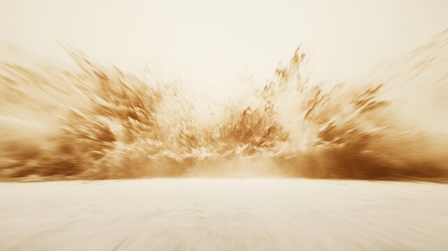 Explosive sand cloud, radial particle dispersion, frozen motion photography, warm beige tones, minimalist white backdrop, detailed dust particles, dramatic movement study