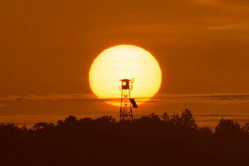 Sol poniéndose detrás de una torre de vigilancia forestal 