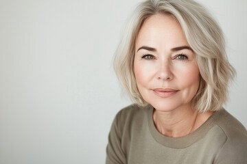 Obraz premium Mature woman face skincare glow, beautiful senior woman with grey hair, isolated on a white background. Beauty cosmetic, skincare, facial treatment, wellness and healthy lifestyle concept. 