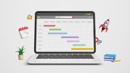 Business project management system, work progress and schedule, agenda planning concept. Business tasks planning with gantt chart on a laptop. 3D illustration