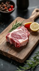 Fototapeta premium Fresh beef steak with herbs and spices displayed on a wooden cutting board in a kitchen setting