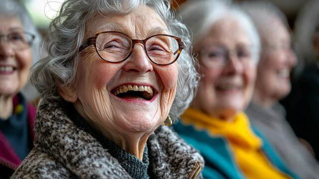 Woman with glasses is smiling and laughing. She is surrounded by other people, some of whom are also smiling. Scene is happy and cheerful