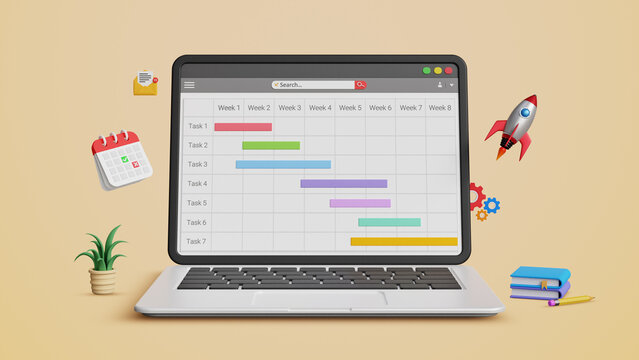 Project management system. Planning with gantt chart, organize workflow, work progress, agenda planning, scheduling tasks concept. Business project management software on a laptop. 3D illustration
