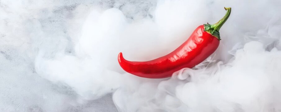Close-up of a bold red chili pepper emerging through soft, billowing smoke, symbolizing heat and intensity