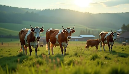 Obraz premium Serene Sunset on the Farm: Cows Grazing in Peaceful Pasture