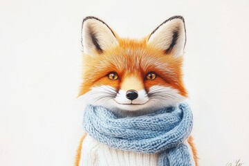 Fototapeta premium Adorable little red fox cub with golden eyes, wearing a blue scarf and white sweater, in a plush art style. Hand-embroidered, soft colors, perfect for nursery decor and whimsical designs