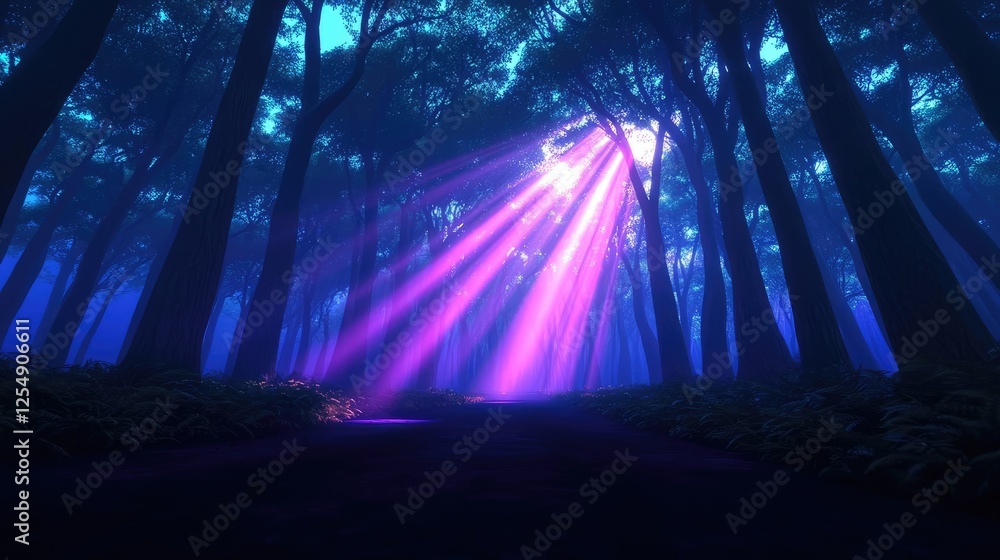 Aufkleber glow forest idea. mysterious forest with vibrant light rays shining through dense trees at twilight.